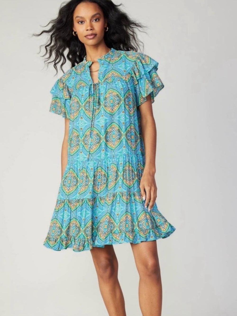 Anthropologie Current Air Blue and Yellow Ruffle Sleeve Mini Dress S